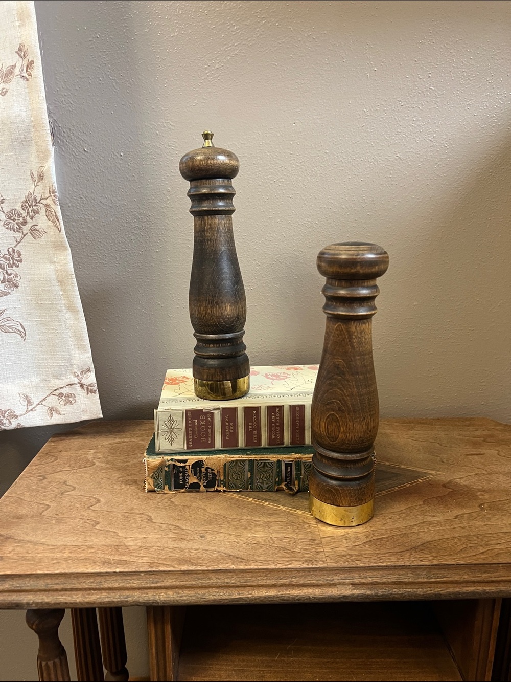 Vintage MCM Wooden Salt shake and Pepper Mill Set with Brass Accents - Brown
